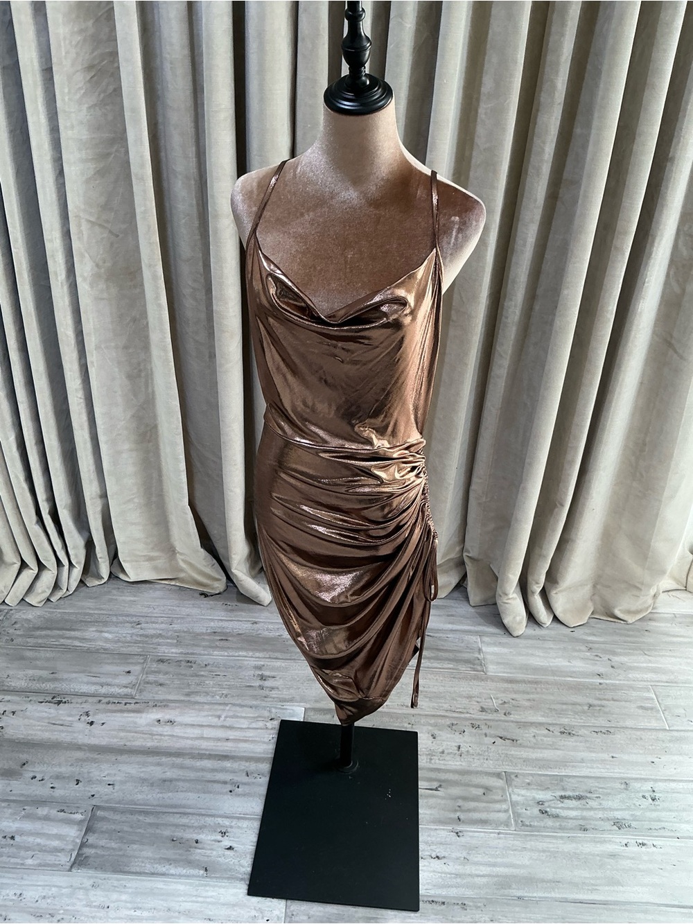 Cowl Neck Metallic Ruched Mini Dress - Bronze